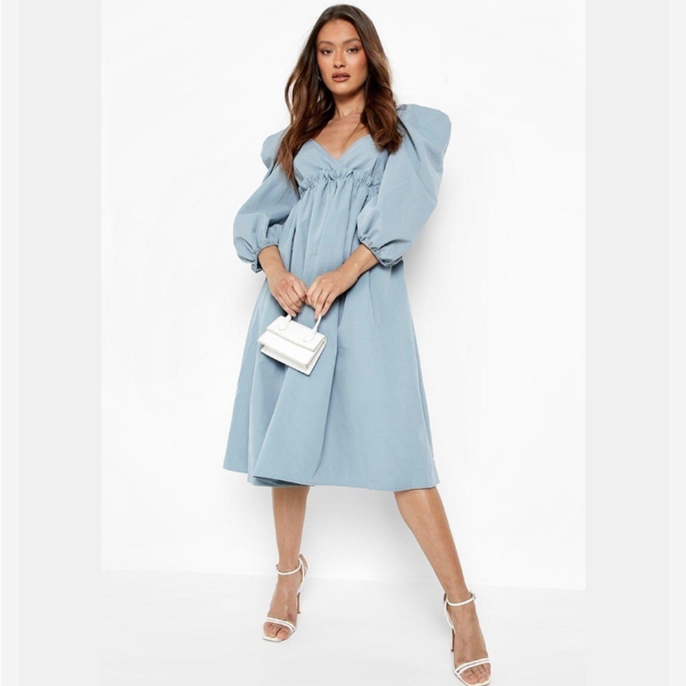 NWT Boohoo Poplin Puff Sleeve V-Neck Midi Smock Dress Powder Blue 4